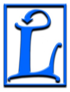 A letter "L" rendered in a variation of Manfred Klein's Gotica Bastard font, with the top serif morphing into a copyleft arrow