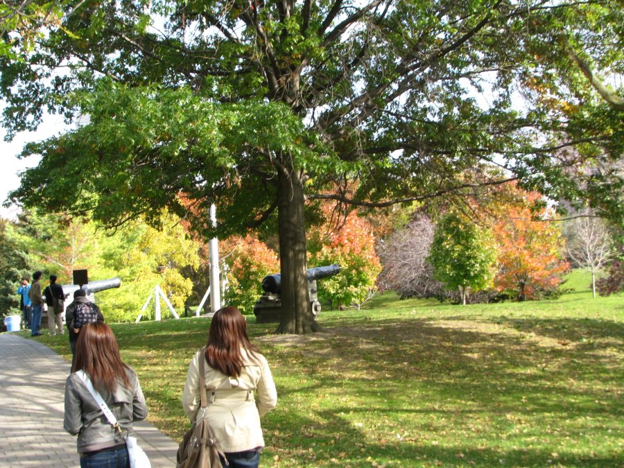 Early autimn with a few trees turning color, students walk along a path